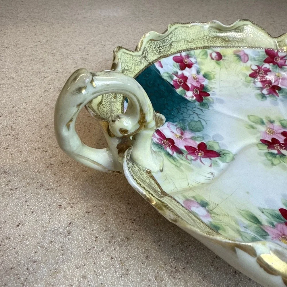 Antique Wheelock Tokio Japan Hand Painted Floral Spiderweb Porcelain Bowl Gold